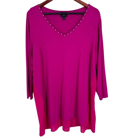 JM Collection Plus Size 2X Magenta Super Stretchy Blouse Shirt Top Artsy Formal - Picture 1 of 7